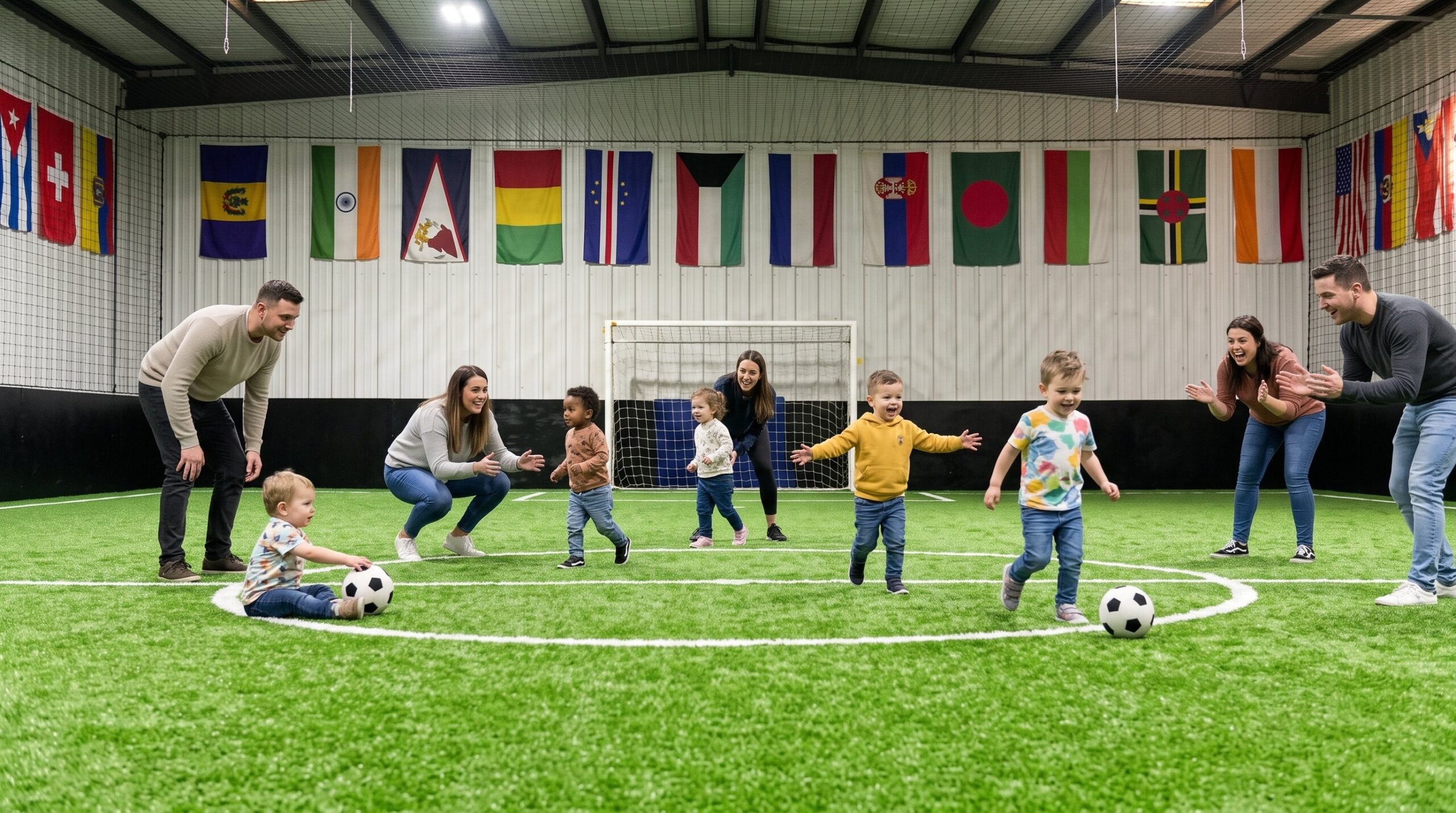 Toddlers and parents playing soccer on the indoor turf at Westchester Sports Arena