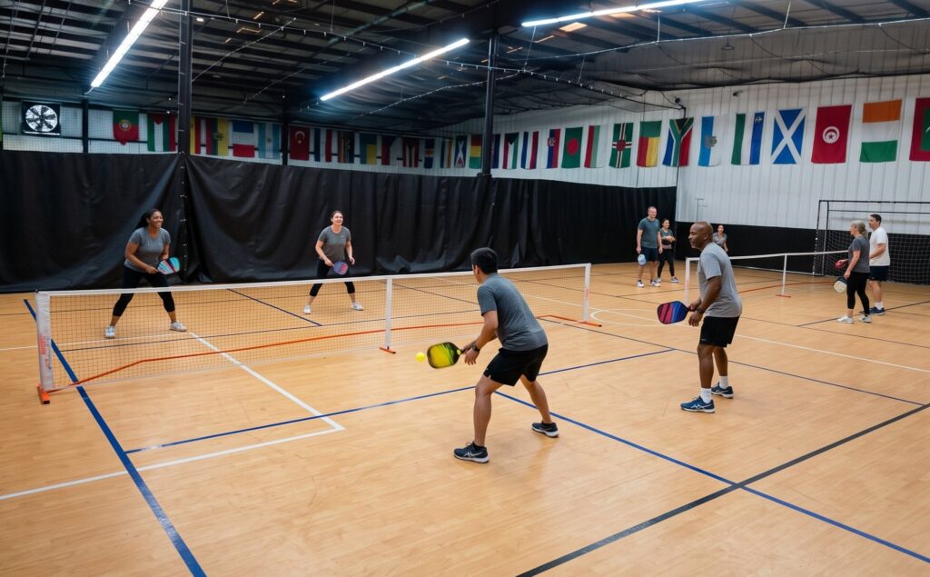 Adults playing doubles pickleball on the indoor courts at Westchester Sports Arena